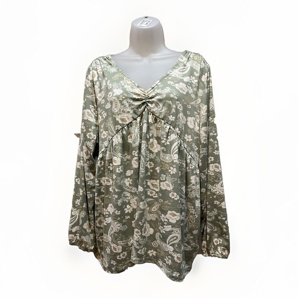 Absolutely Famous Women's XL Green Floral Print V-Neck Sleeve Blouse