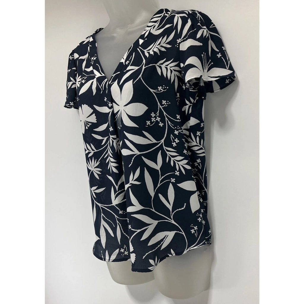 Loft Top Size Small Blue White Floral V-Neck Short Sleeve Blouse