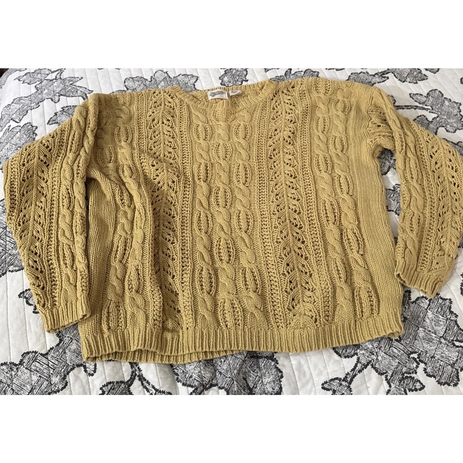 Merona Vintage Silk Cotton Yellow V-Neck Cable Knit Sweater Women’s Size Large