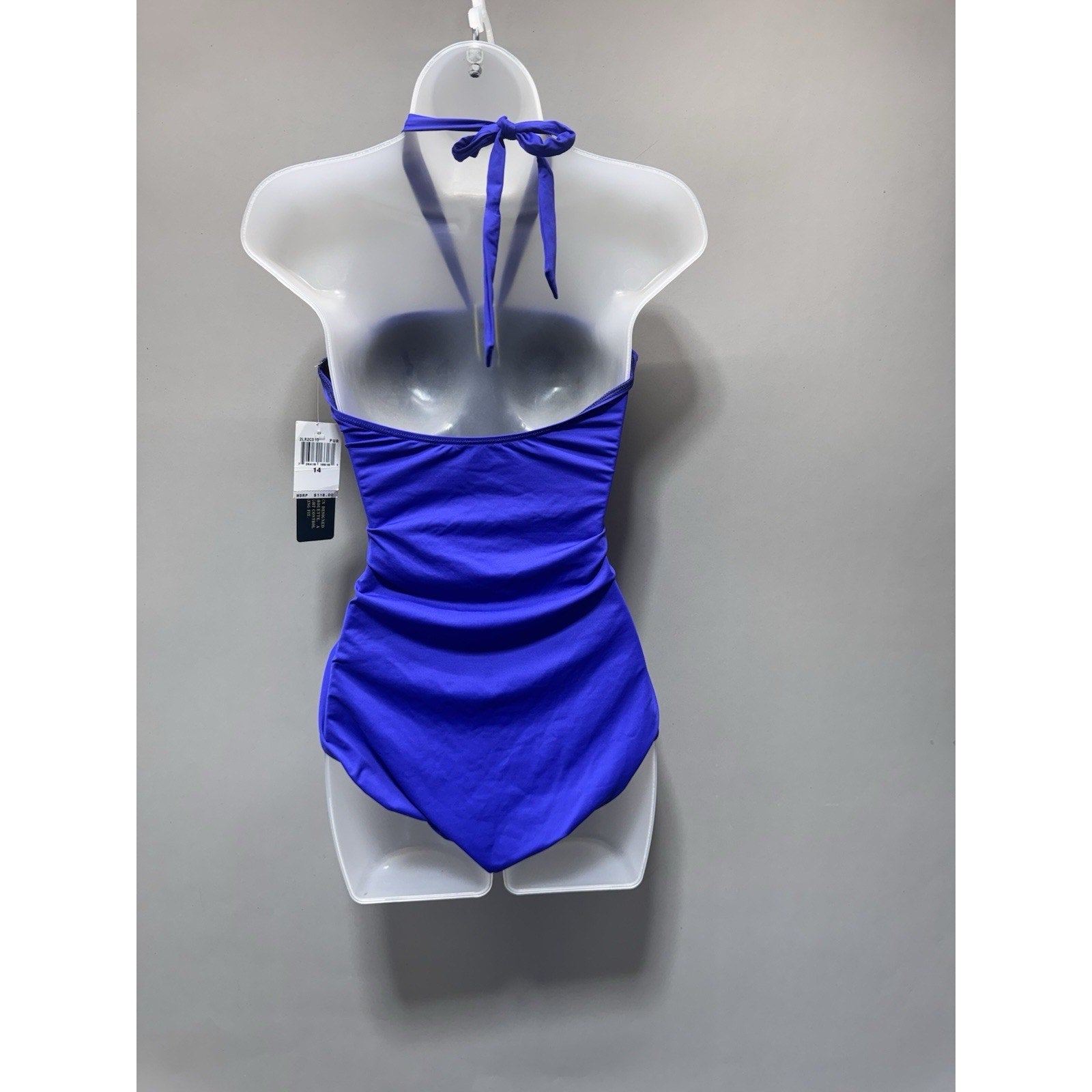 Lauren Ralph Lauren One Piece Swimsuit Women 14 Blue Halter Ruched Beaded New