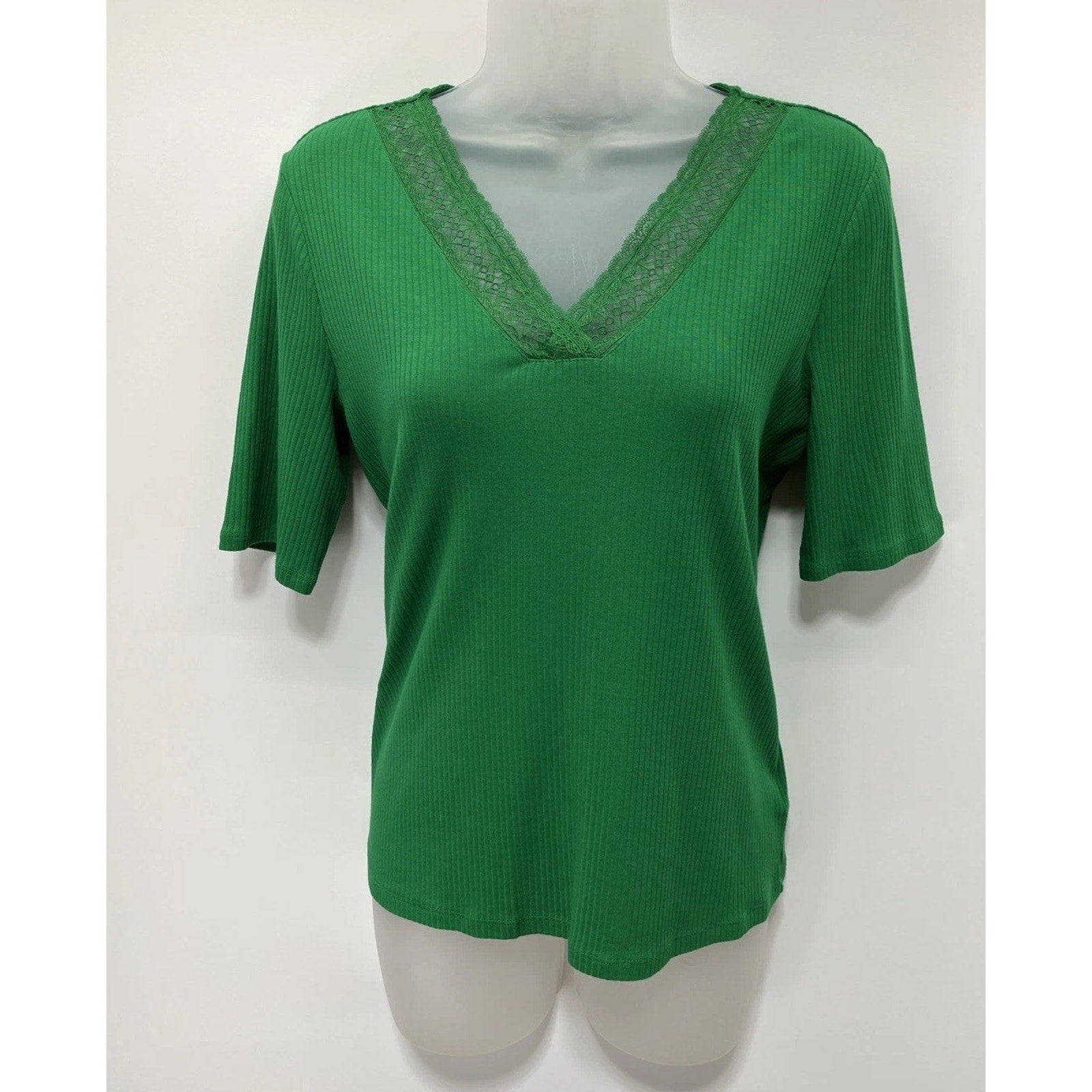 TALBOTS Lace Trim V-Neck Tee Women's M Stretch Cotton Blend Green