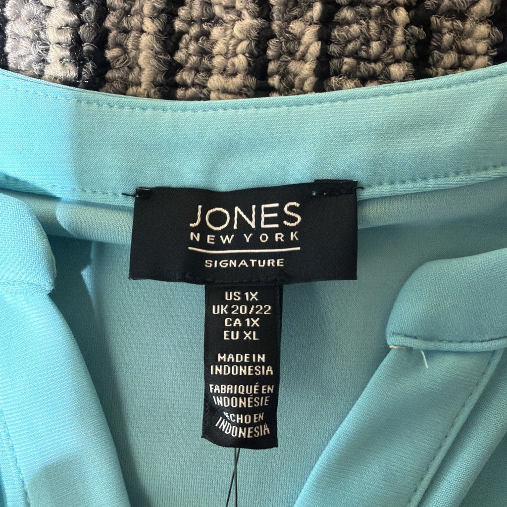 Jones New York Women Top Plus Size 1X Aqua Short Sleeve V Neck Blouse NWT