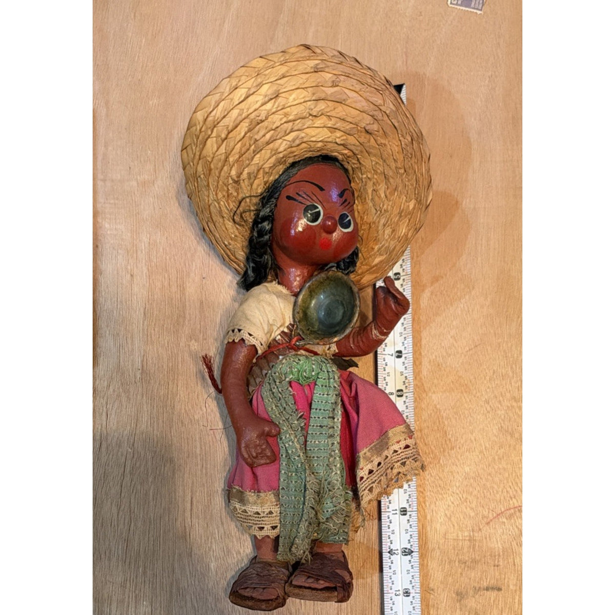 Vintage Mexican Folk Art Mother Baby Doll Sombrero Bowl Pink Dress 14” Souvenir