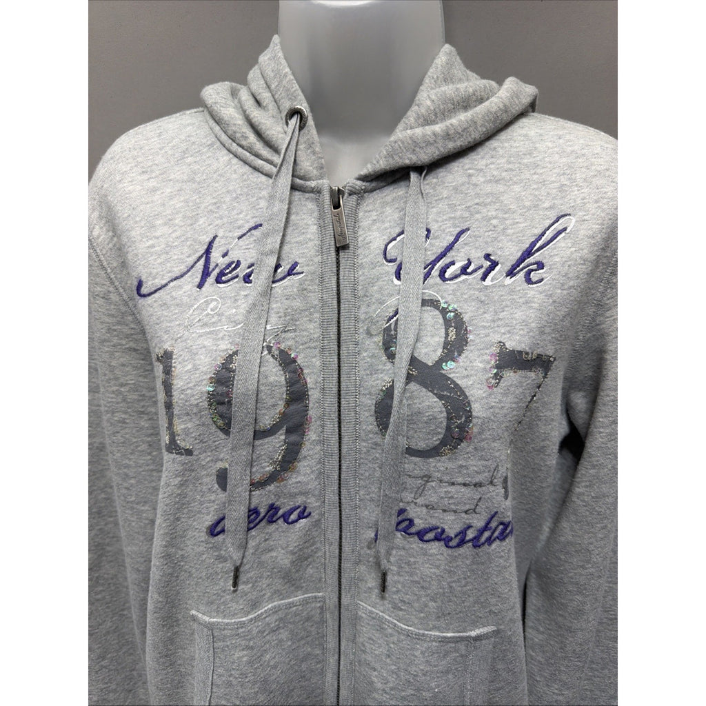 AEROPOSTALE GRAY ZIPPERED FRONT FLEECE HOODIE EMBROIDERED & EMBELLISHED LARGE