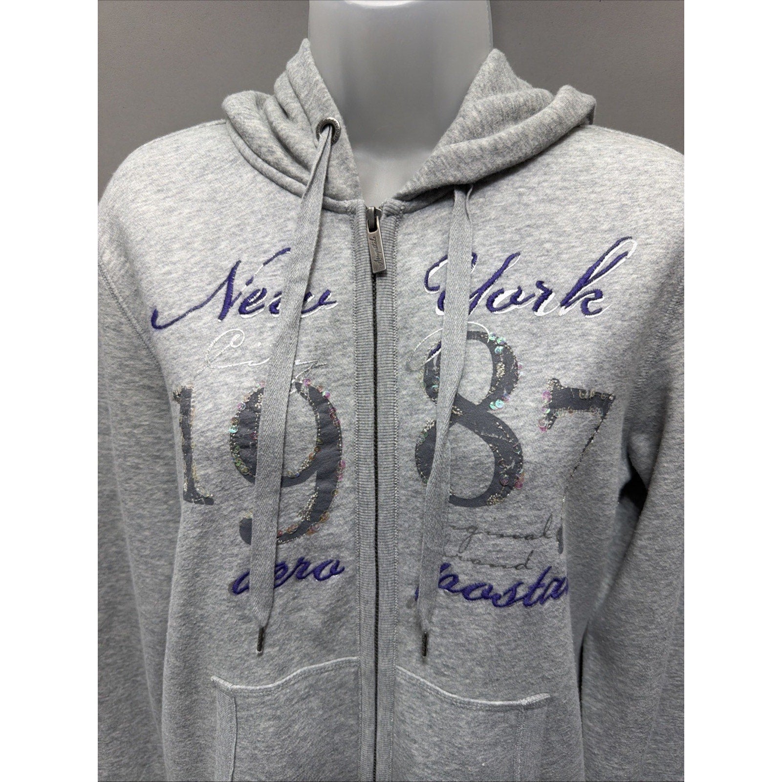 AEROPOSTALE GRAY ZIPPERED FRONT FLEECE HOODIE EMBROIDERED & EMBELLISHED LARGE