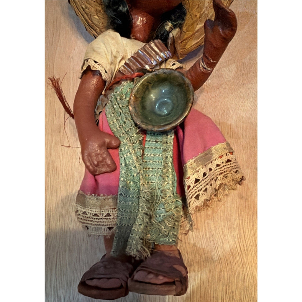 Vintage Mexican Folk Art Mother Baby Doll Sombrero Bowl Pink Dress 14” Souvenir