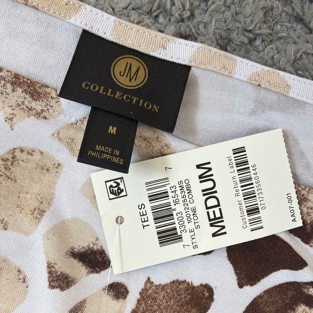 JM Collection Blouse Womens size M Tan White Giraffe Print Cold Shoulder New