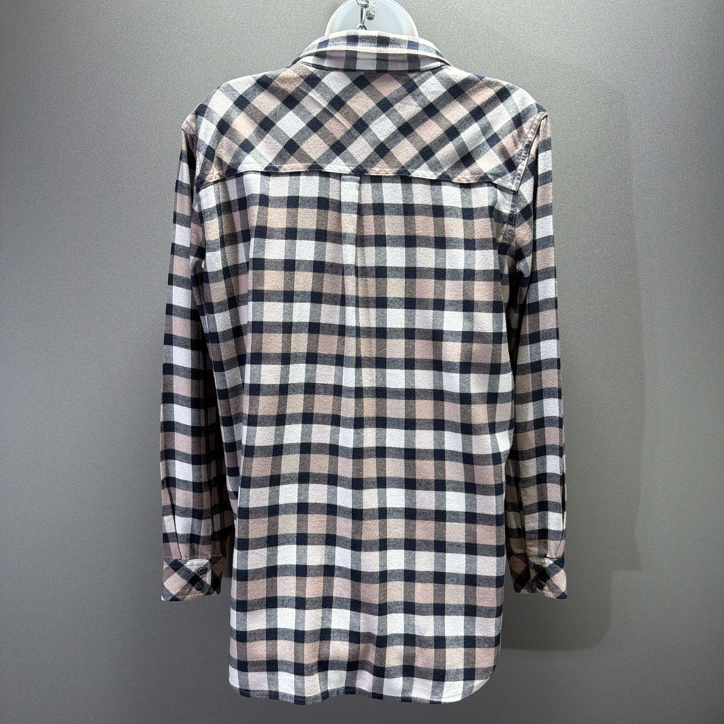 Athleta Pink Navy Lumberjilll Cotton Blend Plaid Button Down Shirt Size M