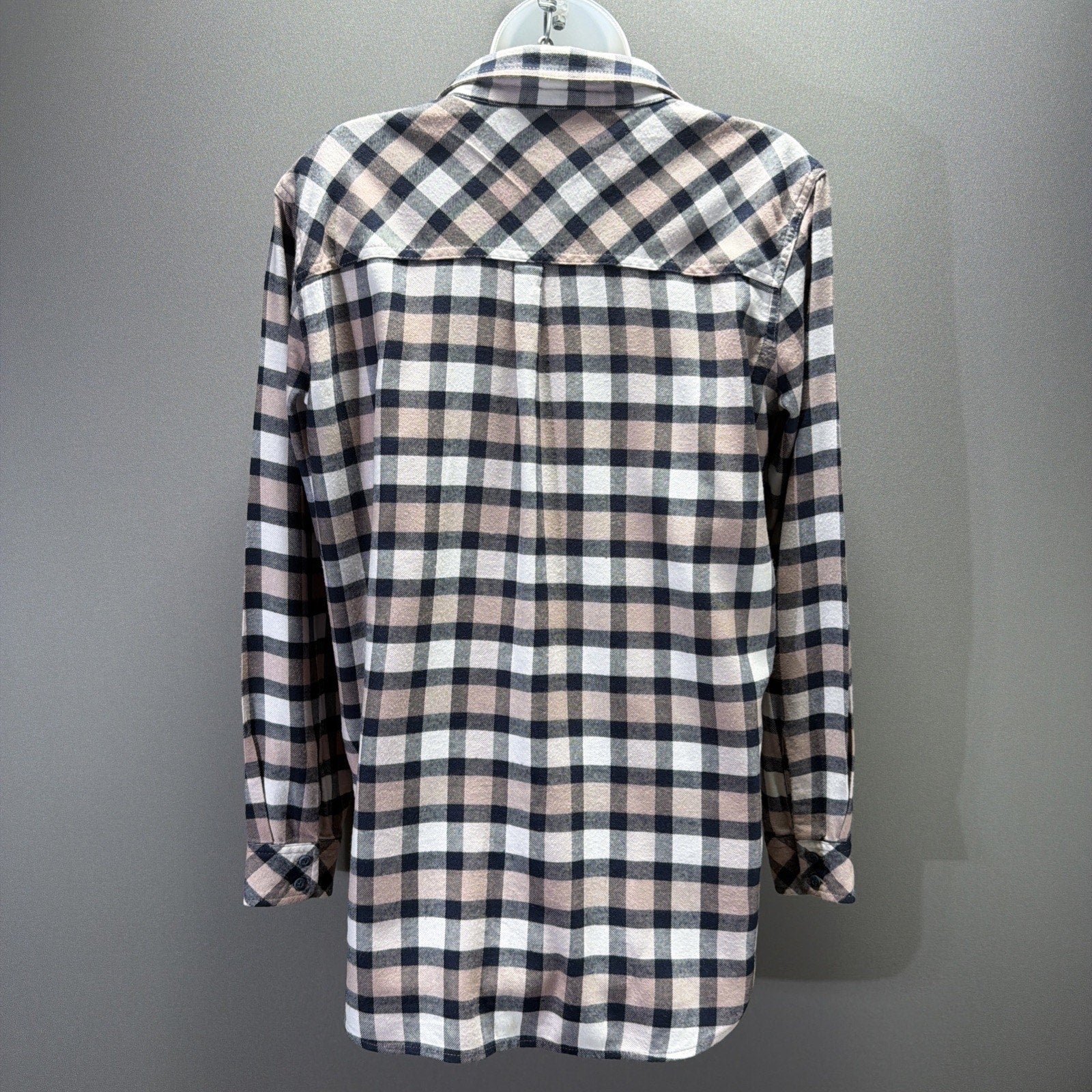 Athleta Pink Navy Lumberjilll Cotton Blend Plaid Button Down Shirt Size M