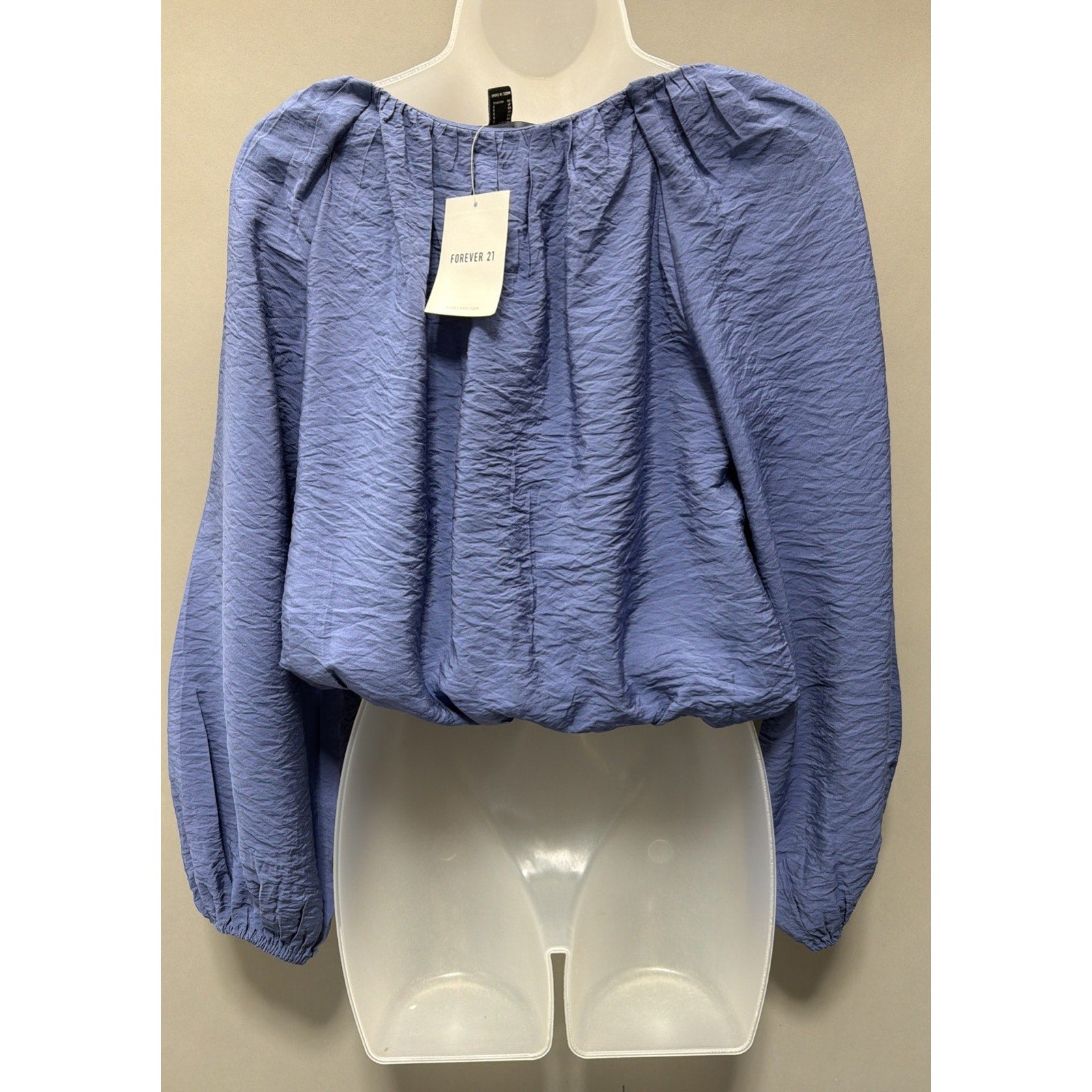 Forever 21 Lined Smocked Crop Top Shirt Womens Small Blue Round Neck Blouse New