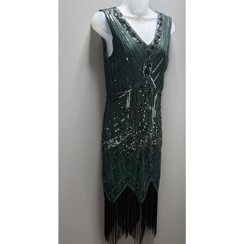 Myzbabe Women's 1920 Flapper Dress Sequins Fringed Sleeveless Gatsby Green Sz S