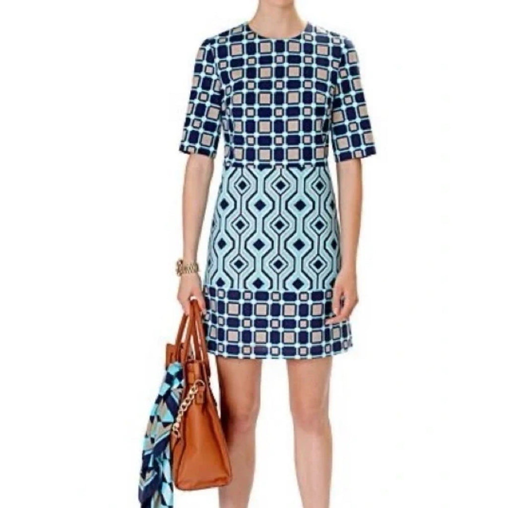 Michael Kors Geometric Black, Blue and Tan Short Sleeve Dress Size 12
