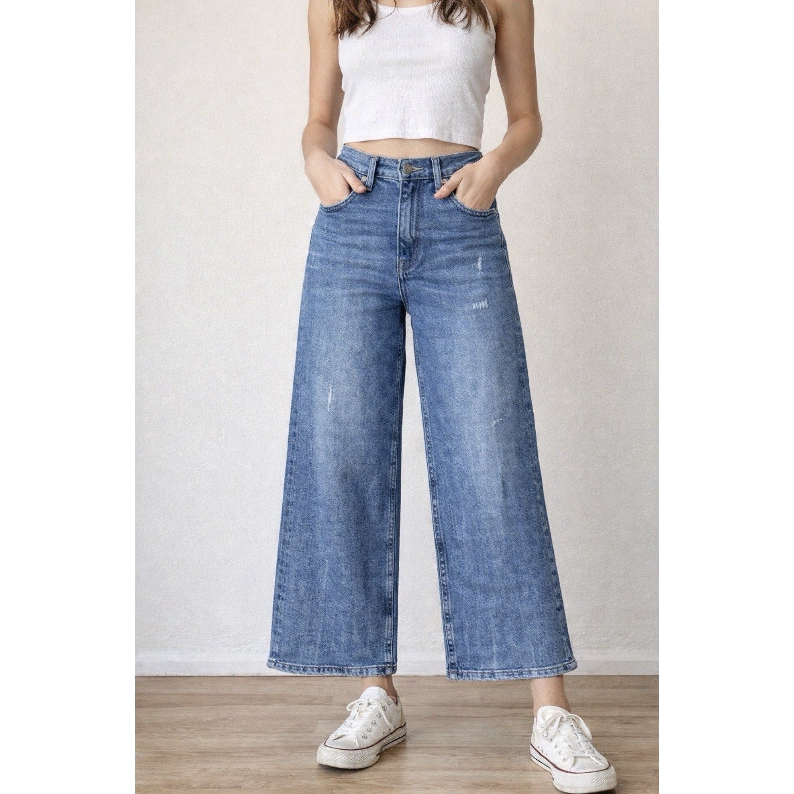 NOEND Denim Wide Leg Crop Jeans Women’s 30 Blue High Rise Distressed Stretch USA
