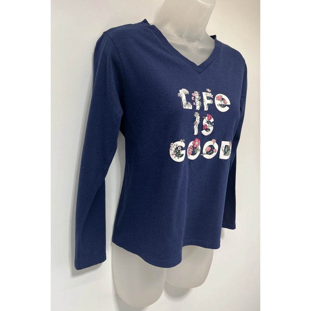Life is Good Sleep Shirt Women's Navy Blue Long Sleeve V-Neck Floral Size M