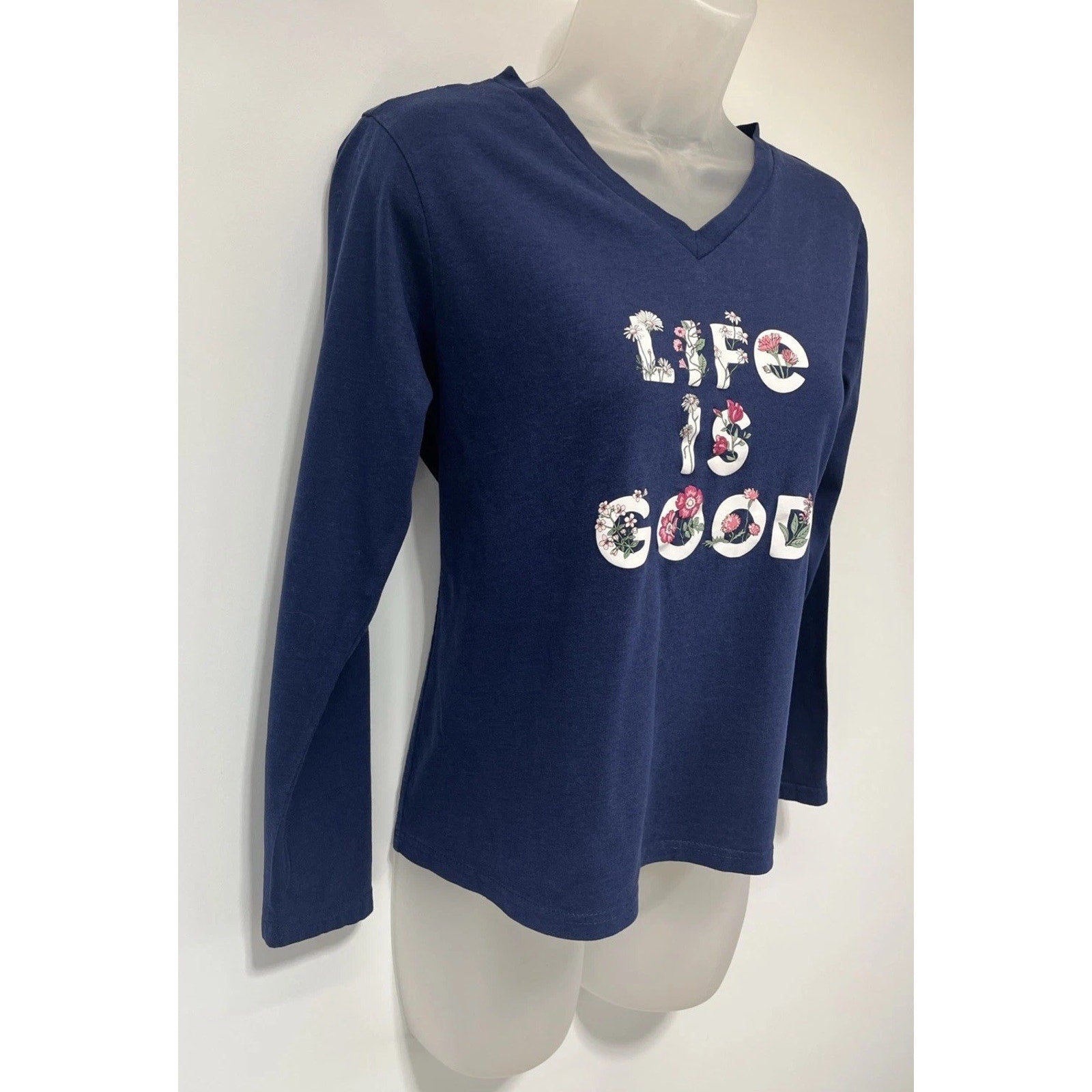 Life is Good Sleep Shirt Women's Navy Blue Long Sleeve V-Neck Floral Size M