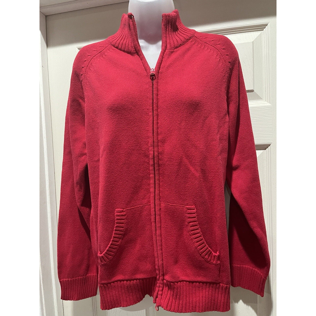 Kim Rogers Red Knit Full Zip Sweater Pockets Women's Size Large New Old Stock