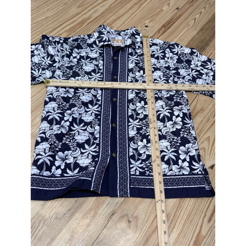 Caribbean Joe Black & White Floral Button-Up Beach Shirt Youth Boys Size L 16/18