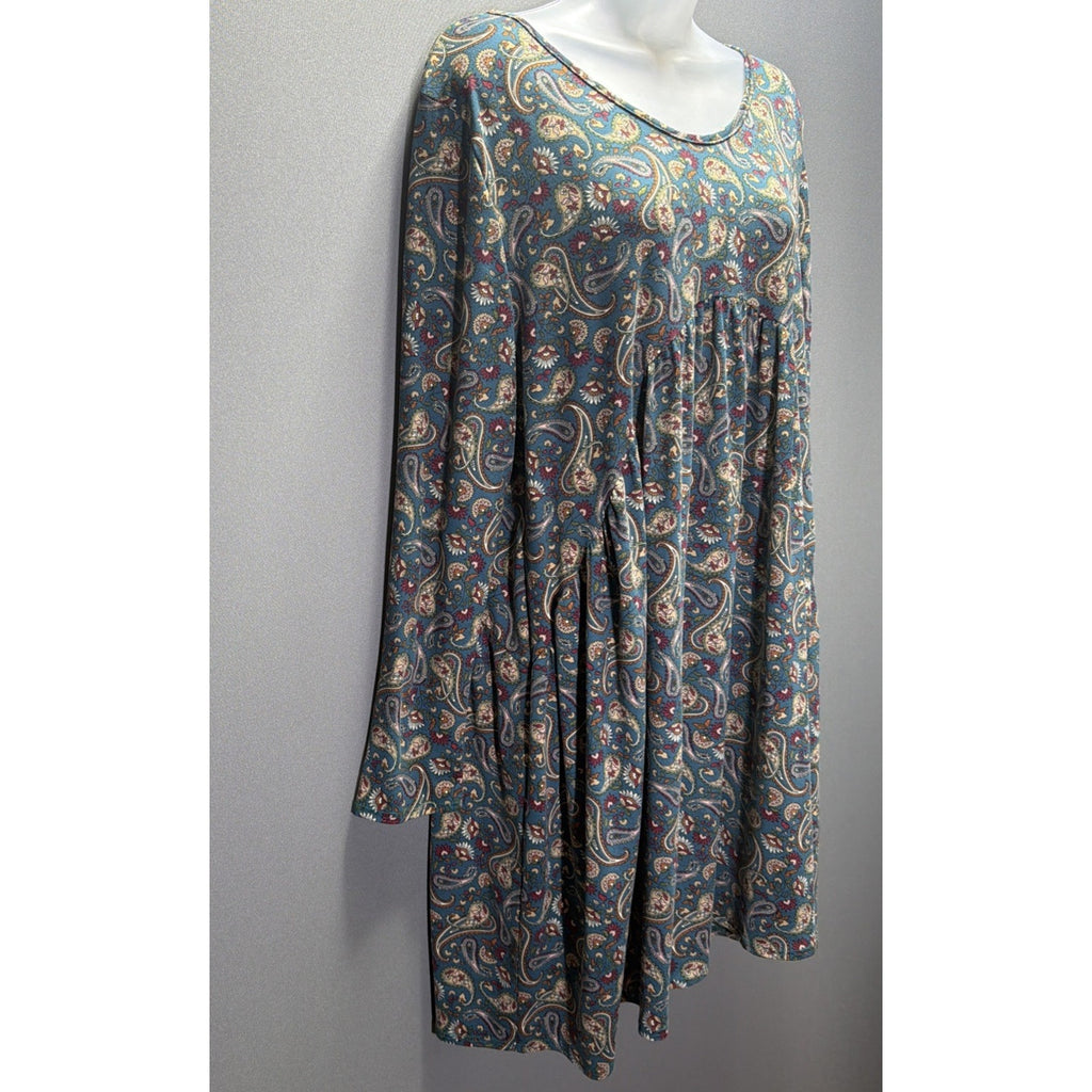 BOMBOM XL Blue Paisley Floral Long Sleeve Babydoll Swing Dress Boho USA