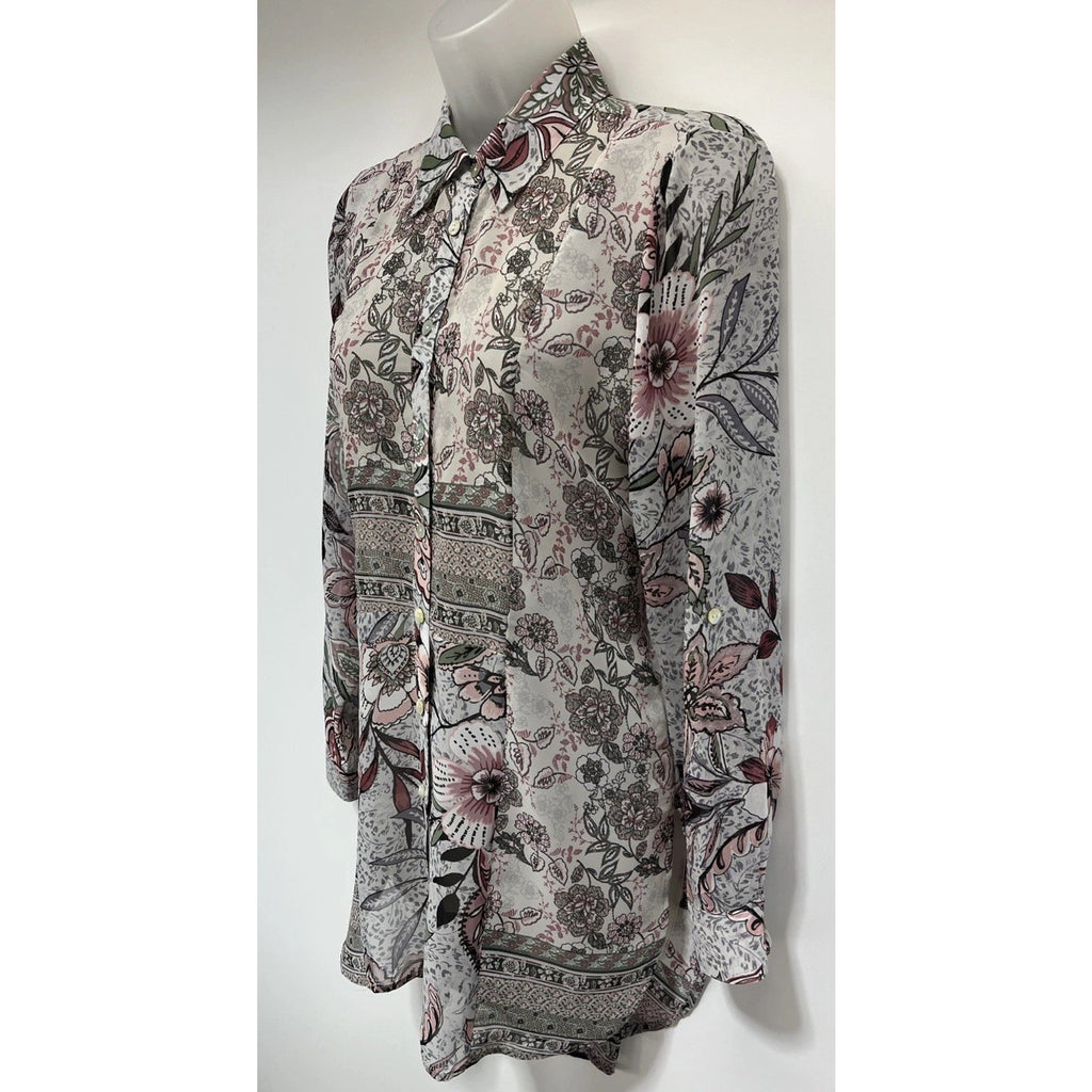 Hope Springs Top Womens Small Multicolor Boho Long Sleeve Semi Sheer Button Up