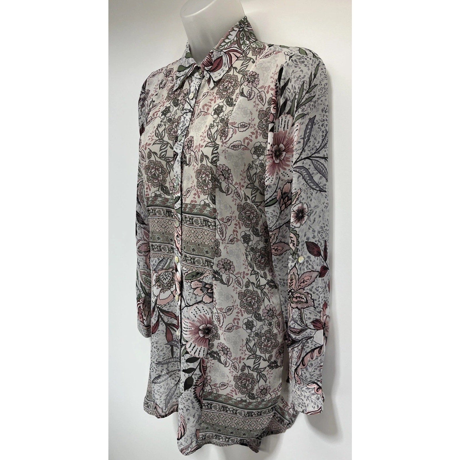 Hope Springs Top Womens Small Multicolor Boho Long Sleeve Semi Sheer Button Up