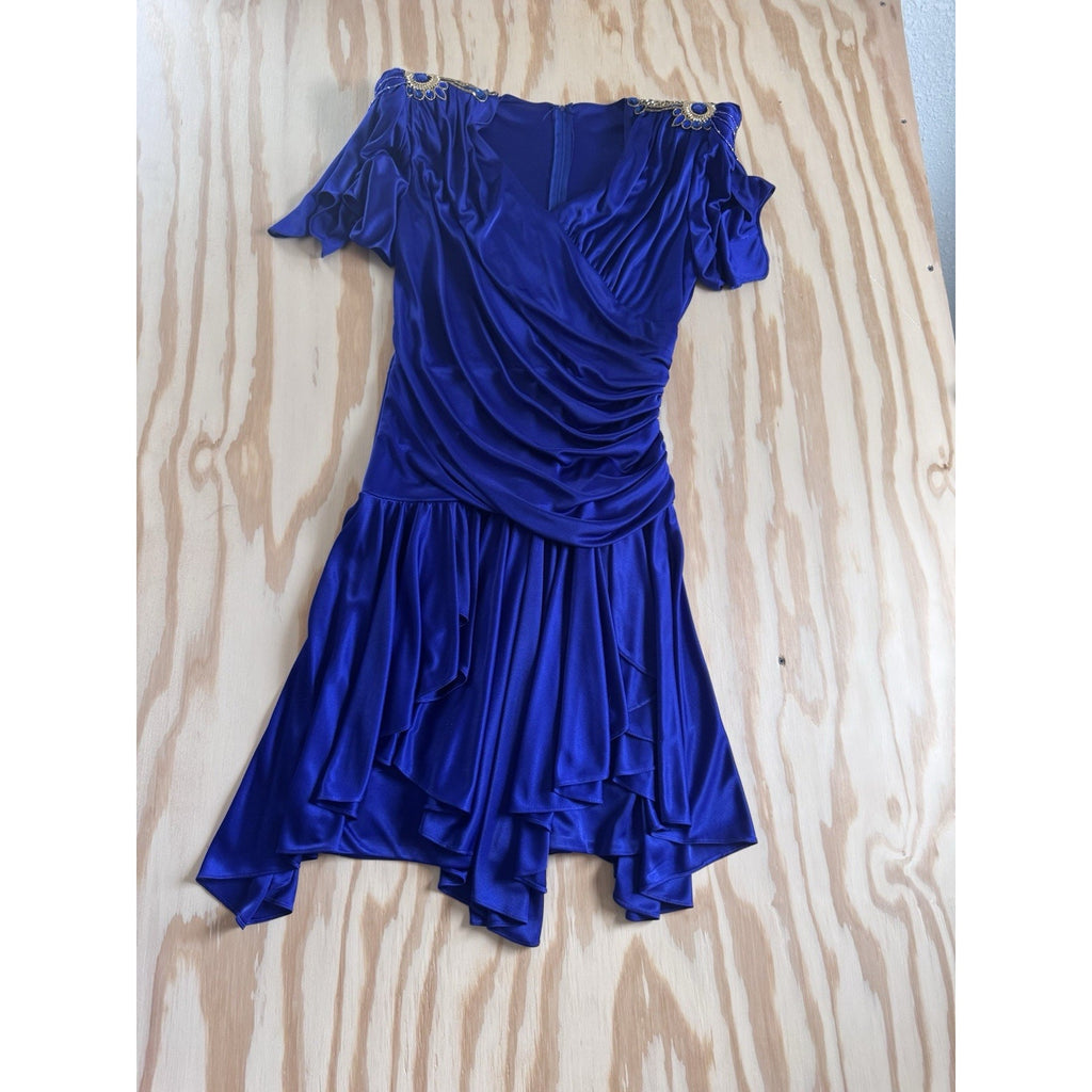 Royal Blue Embellished Padded Shoulder Dress Draped Ruffle Hem Cocktail Party M