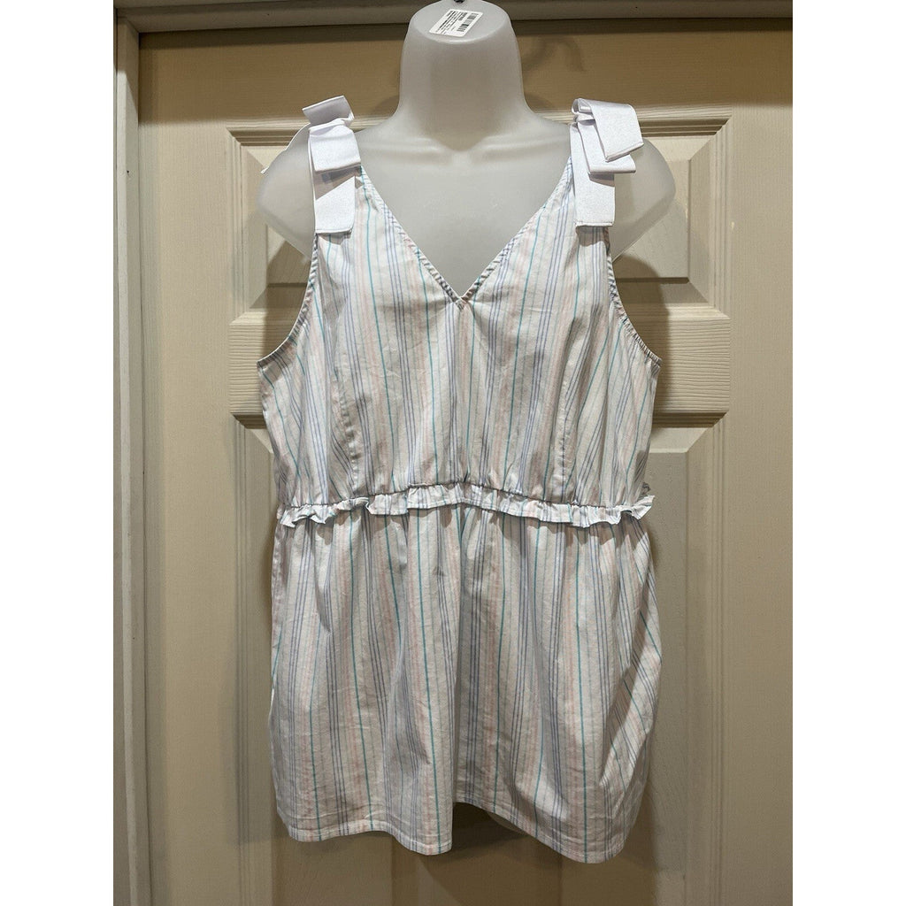 Belle & Sky White Sleeveless Striped Bow Shoulder Top Blouse Women's Size Large