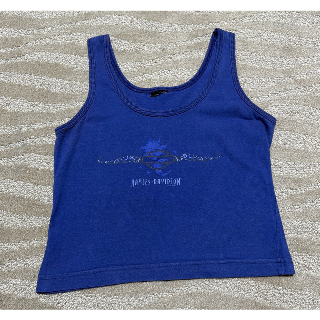 Vintage 1996 Harley Davidson Tank Top Blue Womens M Sun Stars Moon Fort Myers FL