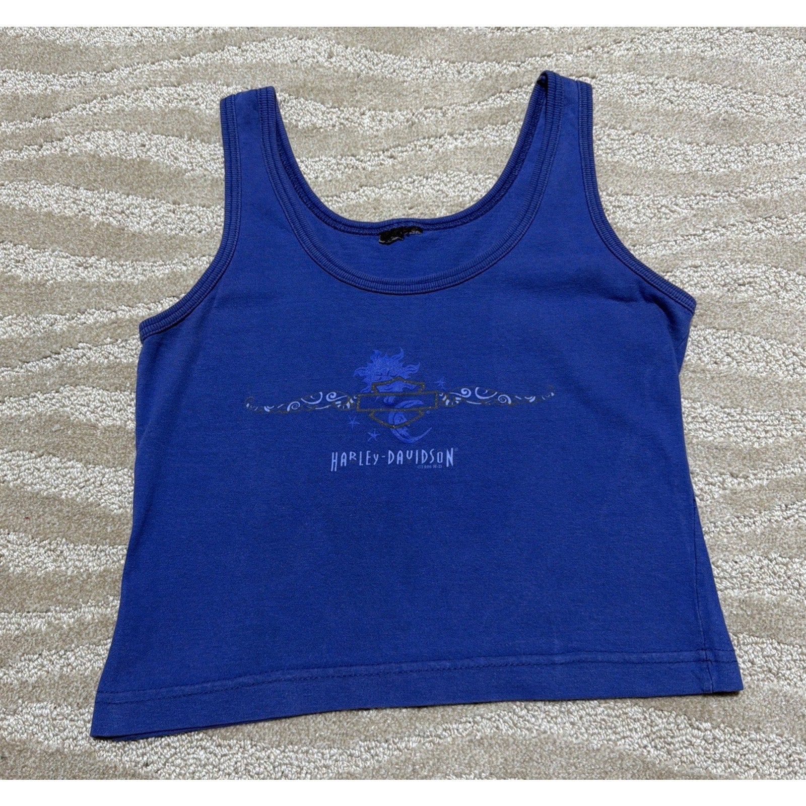 Vintage 1996 Harley Davidson Tank Top Blue Womens M Sun Stars Moon Fort Myers FL