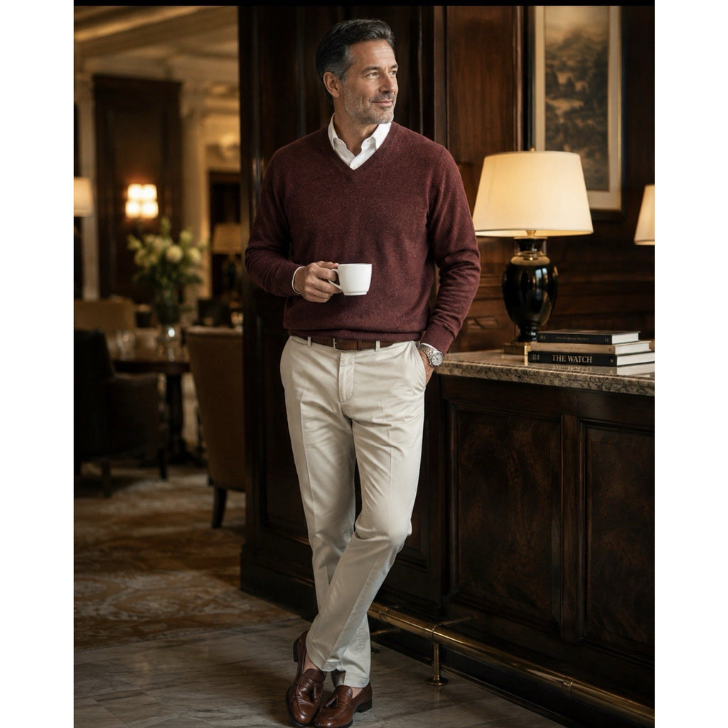 Woods & Gray Mens M 100% Cashmere V Neck Sweater Burgundy Maroon Quiet Luxury
