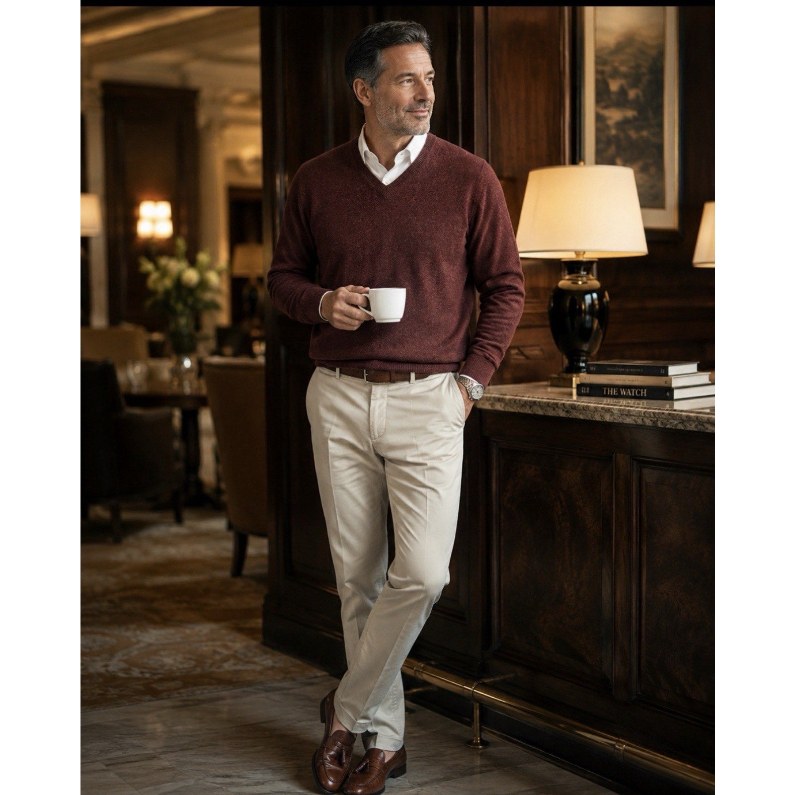 Woods & Gray Mens M 100% Cashmere V Neck Sweater Burgundy Maroon Quiet Luxury