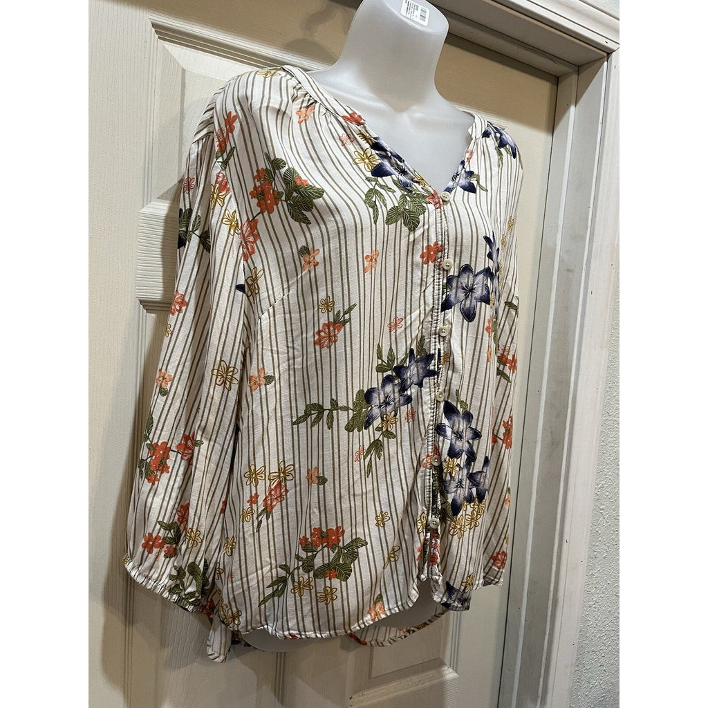 Sonoma Boho Flare Sleeve Tunic Cream Floral Top Women's Size 2XL Cream Striped