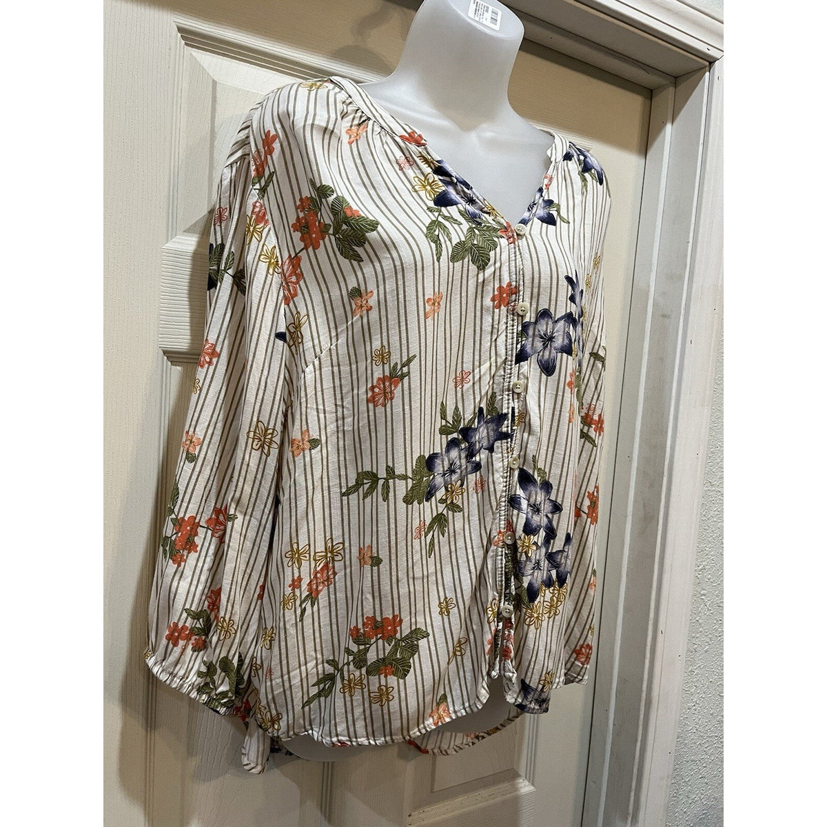 Sonoma Boho Flare Sleeve Tunic Cream Floral Top Women's Size 2XL Cream Striped