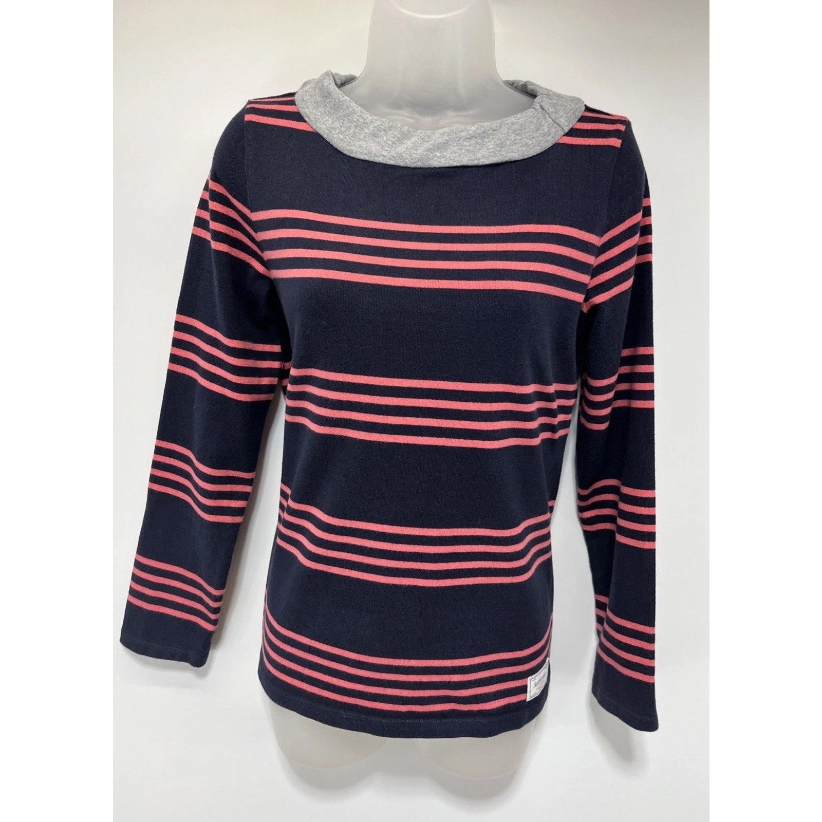 Talbots All Cotton Navy Blue Pink Striped Long Sleeve Shirt Size Small