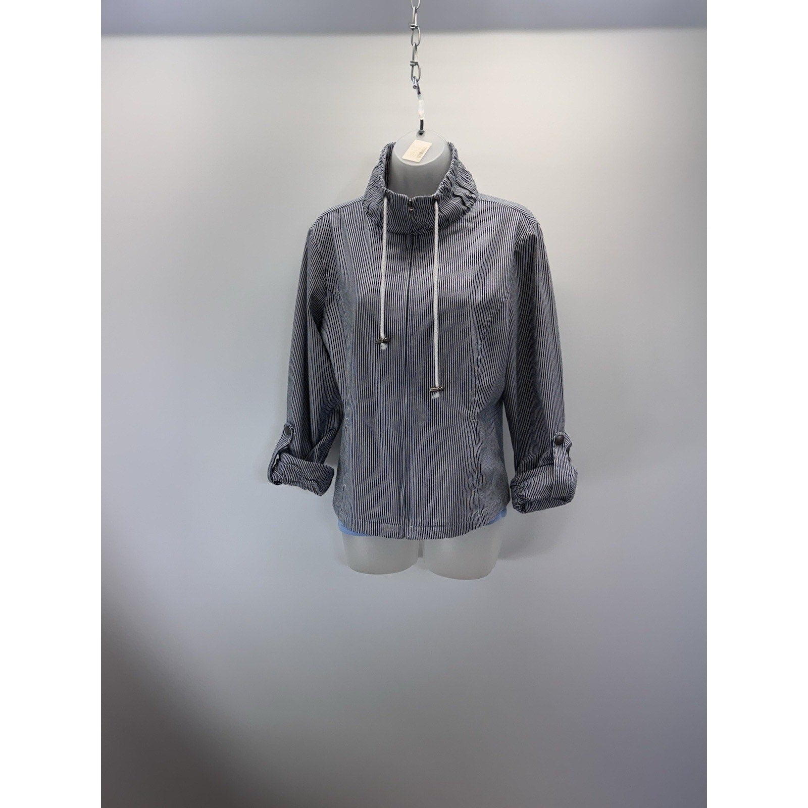AMI Jacket Lightweight Jacket Black White Striped Zip Roll Tab Sleeve Women’s L