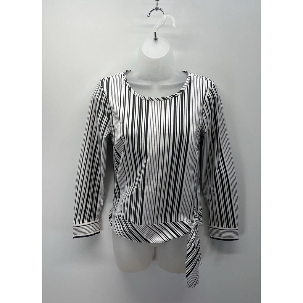Talbots Tie Side Blouse Petite Size Small White Black Stripe Long Sleeve *