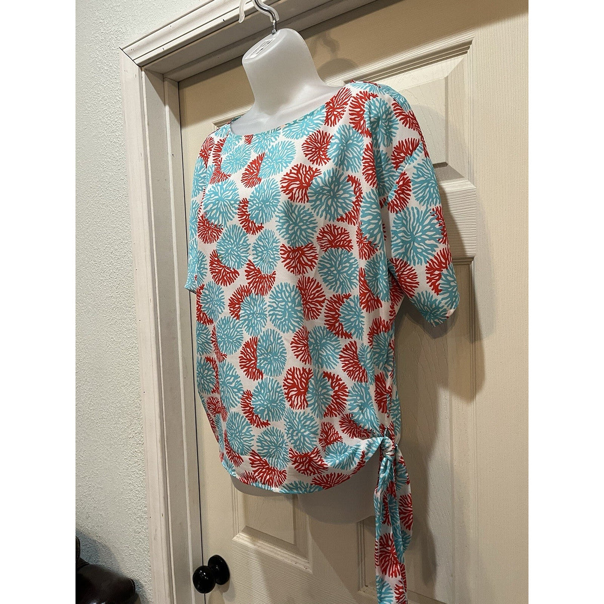 Michael Kors McKenna Top Short Sleeve Side Tie Coral Aqua Boat Neck Women's Smal