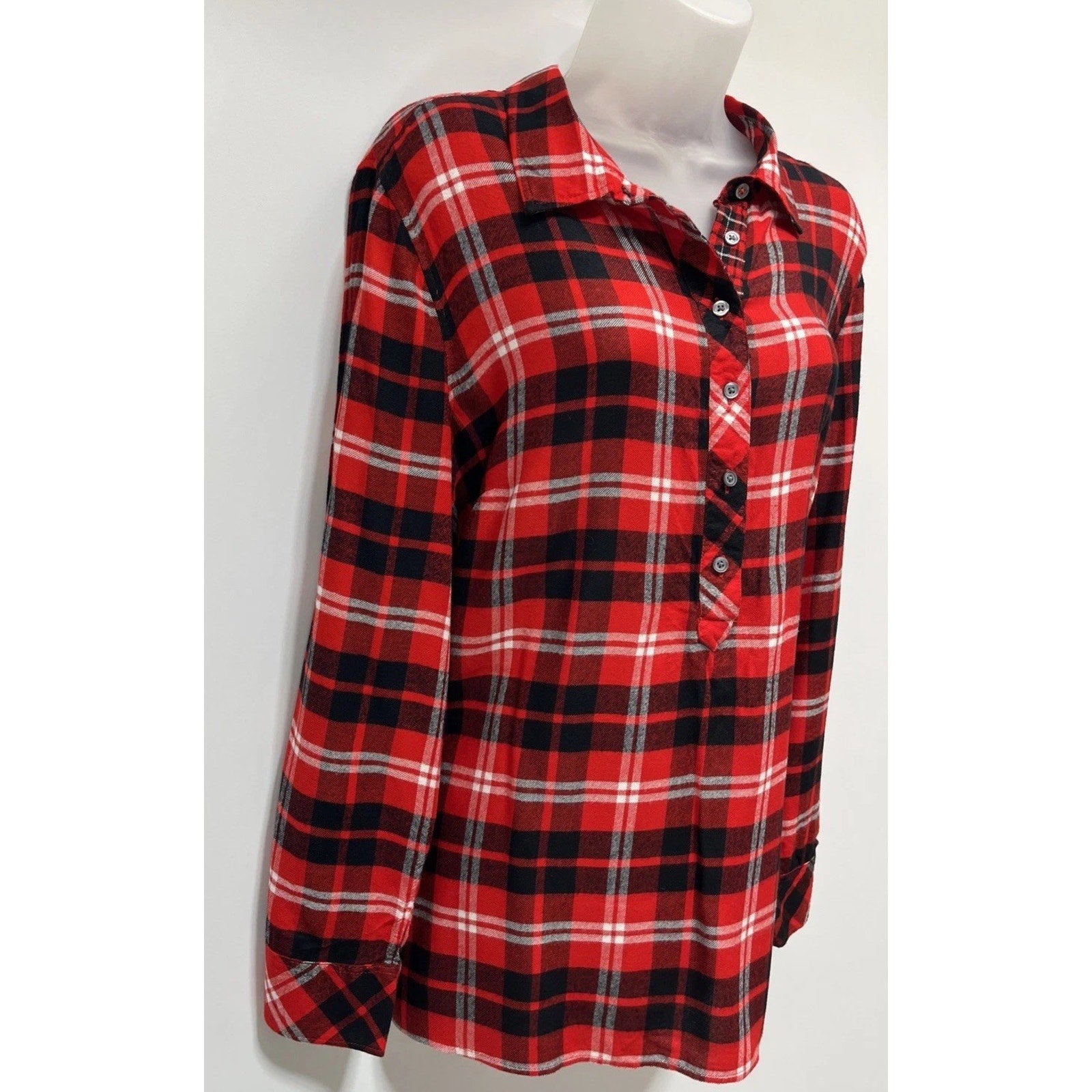 TALBOTS Red Black Plaid Half Button Popover Tunic Shirt Size XL