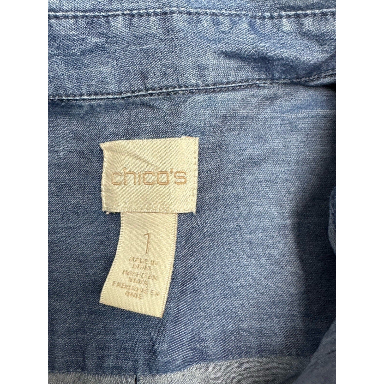 Chicos Chambray Shirt Womens Size 1/M Lace Up Long Sleeve Denim Top Round Hem