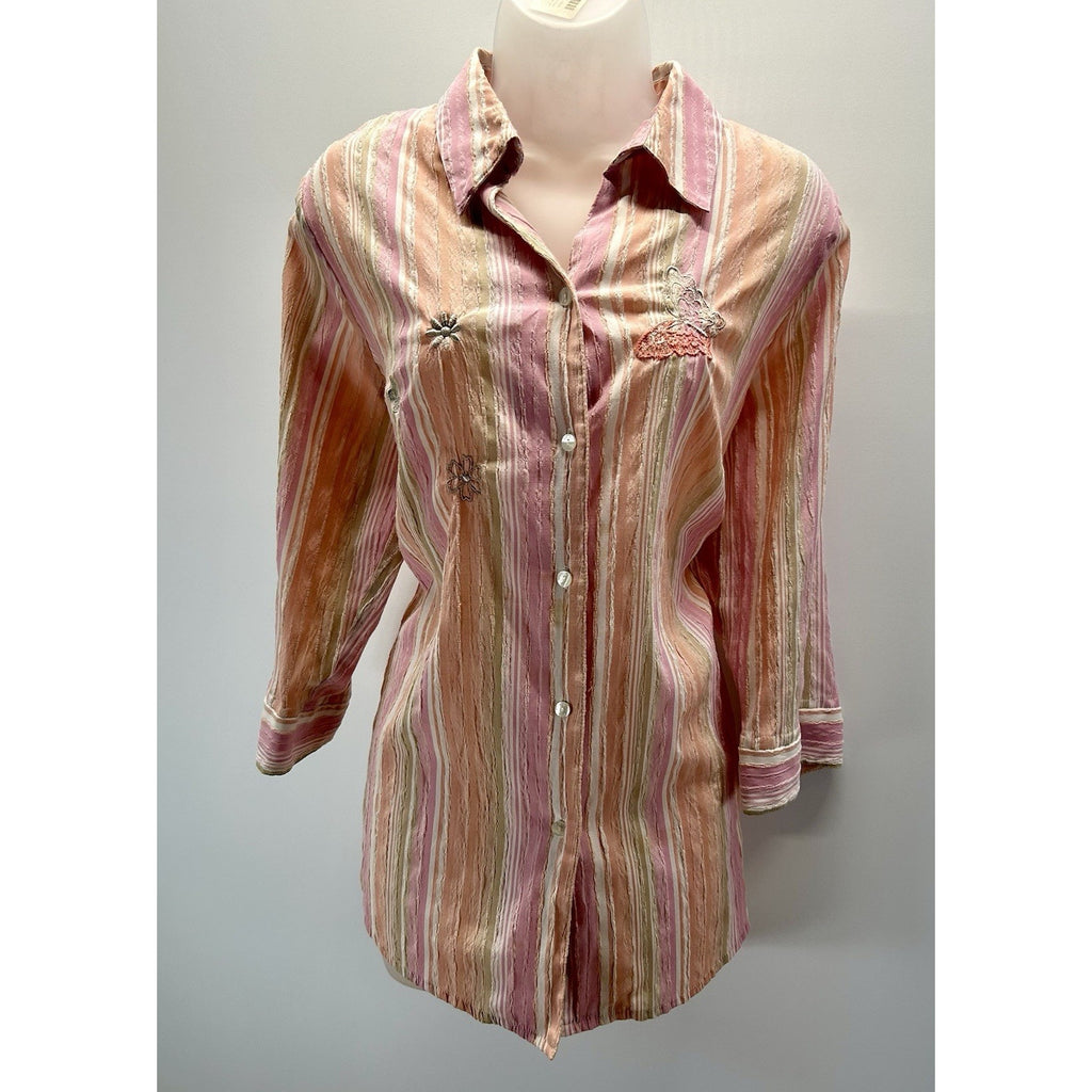 Alia Blouse Size 16W Pink Stripes Embroidered Butterflies/ Flowers 3/4 Sleeves.