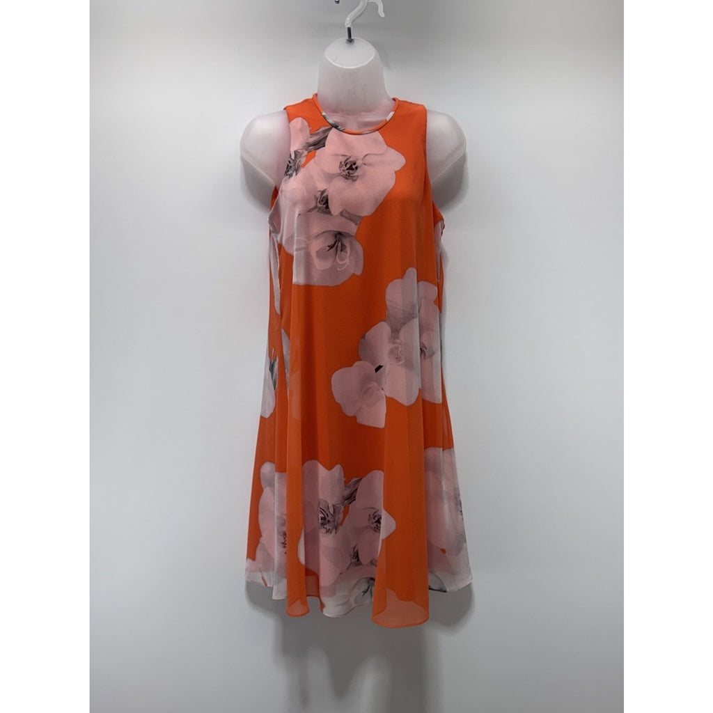 Calvin Klein Orange Coral White & Black Floral Dress Lined Flowy Women’s Size 2