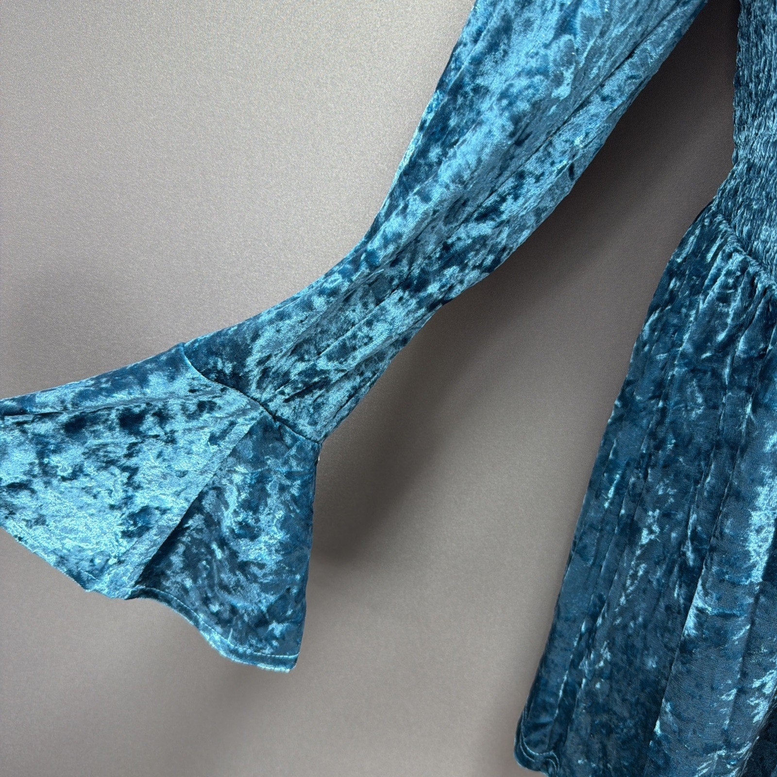 New! Kori America Romper Turquoise Velvet Bell Sleeve Mermaidcore Small Stretch