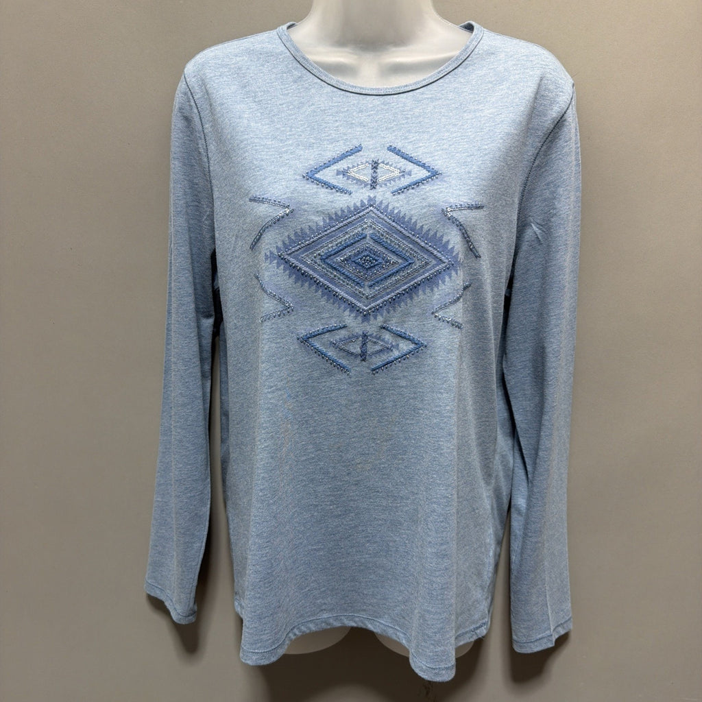 Lauren Ralph Lauren Embroidered Beaded Aztec Long Sleeve Top Blue Size Large