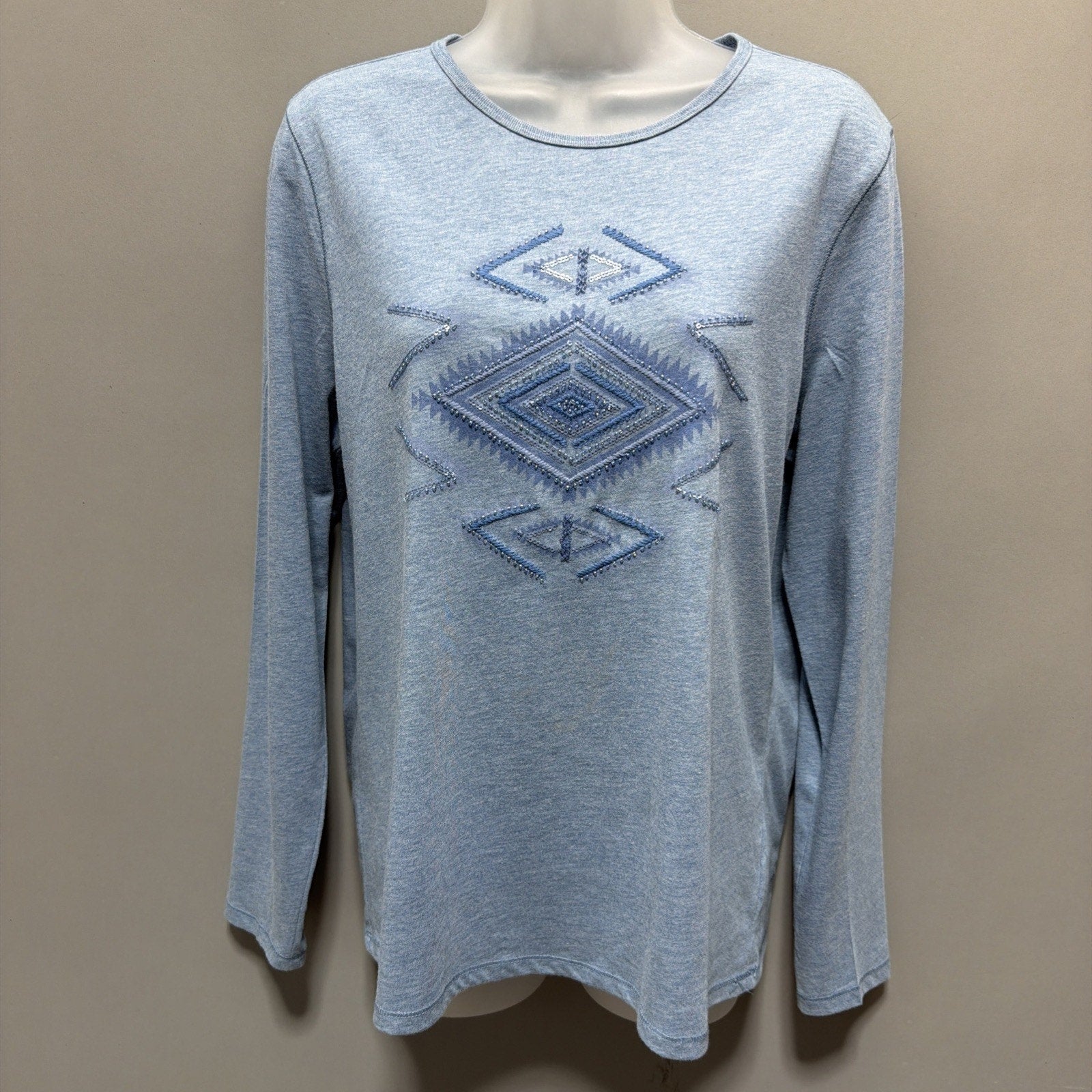 Lauren Ralph Lauren Embroidered Beaded Aztec Long Sleeve Top Blue Size Large