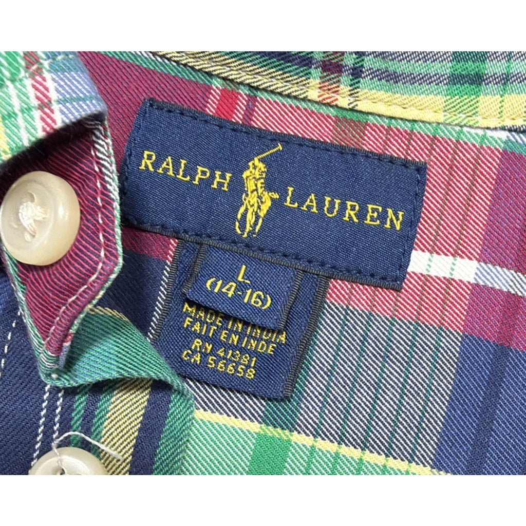 RALPH LAUREN Boys Sz L 16/18 Shirt Plaid Button Down Pink Blue Green LS