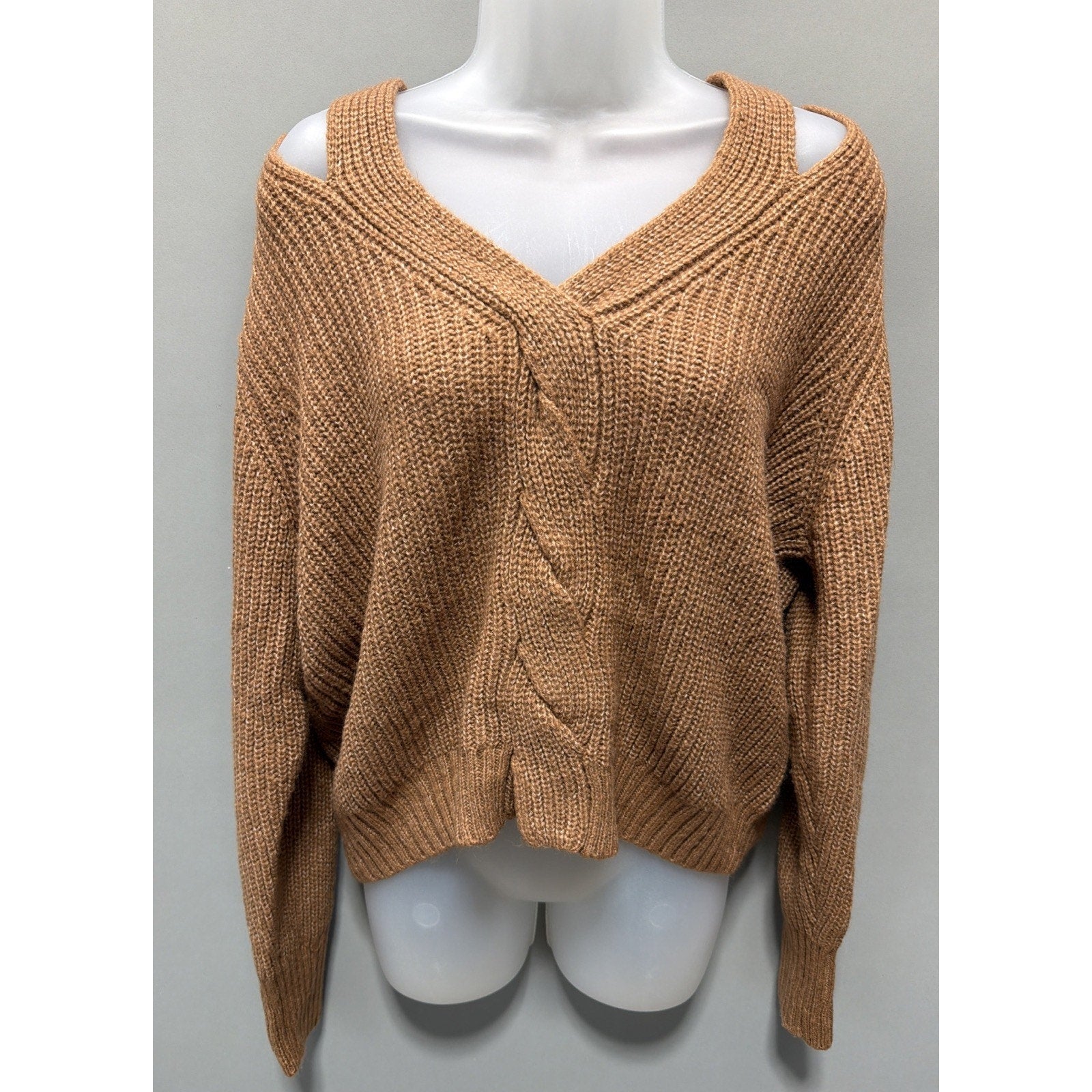 Nine West Twist Front Cutout Sweater L Brown V-Neck Cropped Pullover Women's