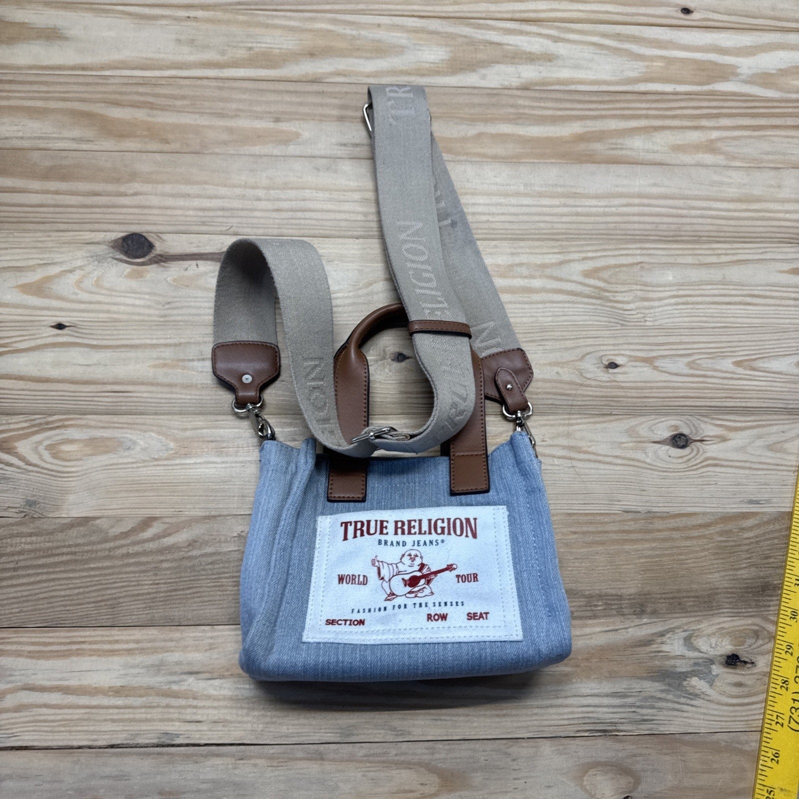 True Religion Small Crossbody, Logo Tote Leather Strap And Denim Body Canvas