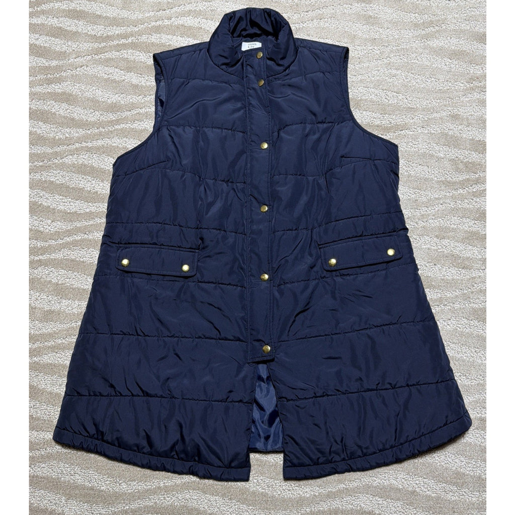 Crown & Ivy Curvy Women 2X Navy Blue Puffer Vest Quilted Snap Front Pockets