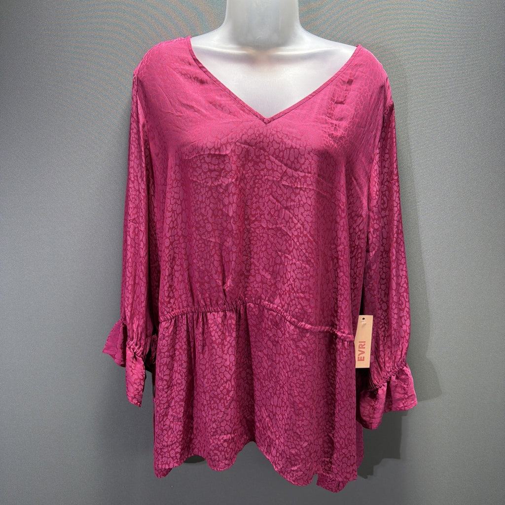 Evri Womens Plus sz 2X Top Pink Leopard Print Fitted Cinch Waist V Neck NWT