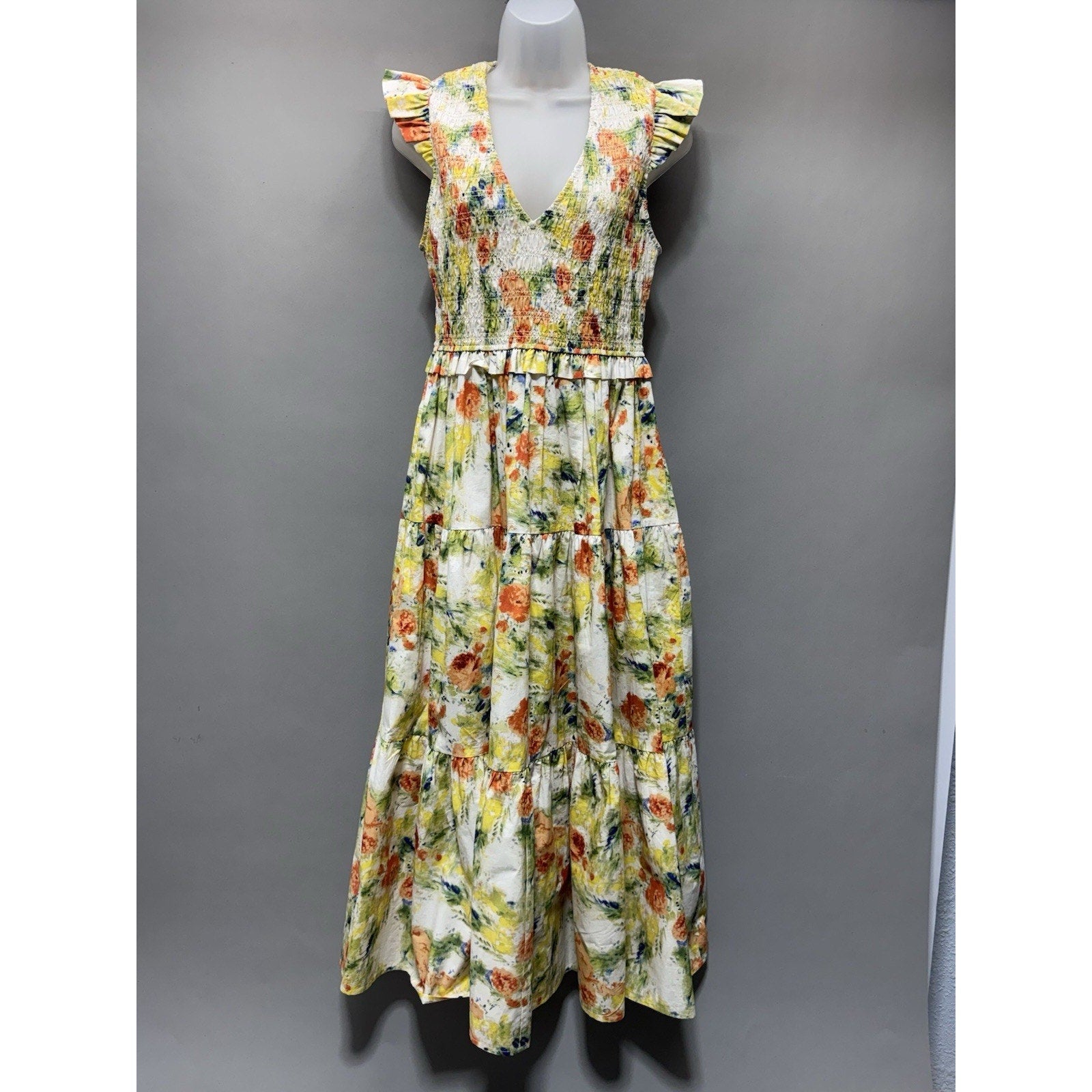 Evereve O.P.T Floral Smocked Orange Yellow Tiered Maxi Dress Womens L NWT $179