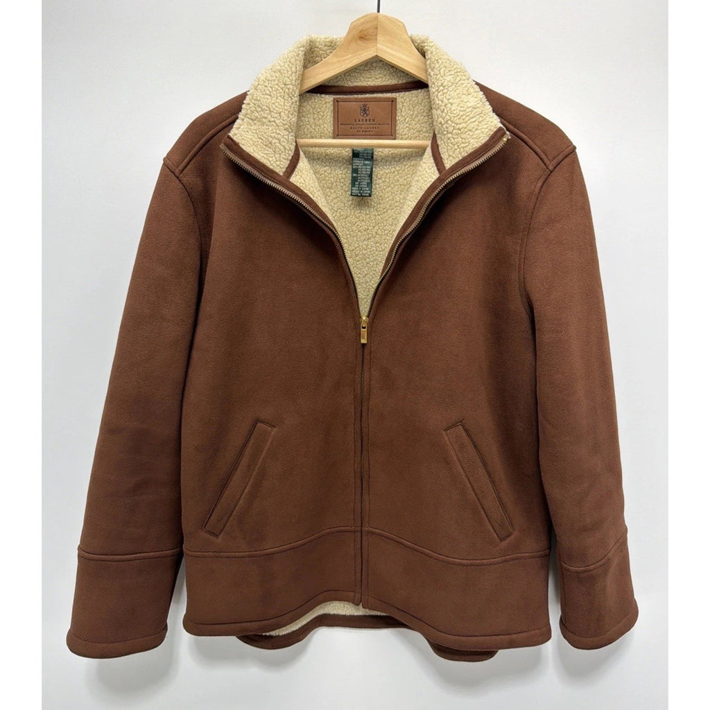 Lauren Ralph Lauren Womens Jacket Coat M Brown Faux Suede Ivory Shepra Lining